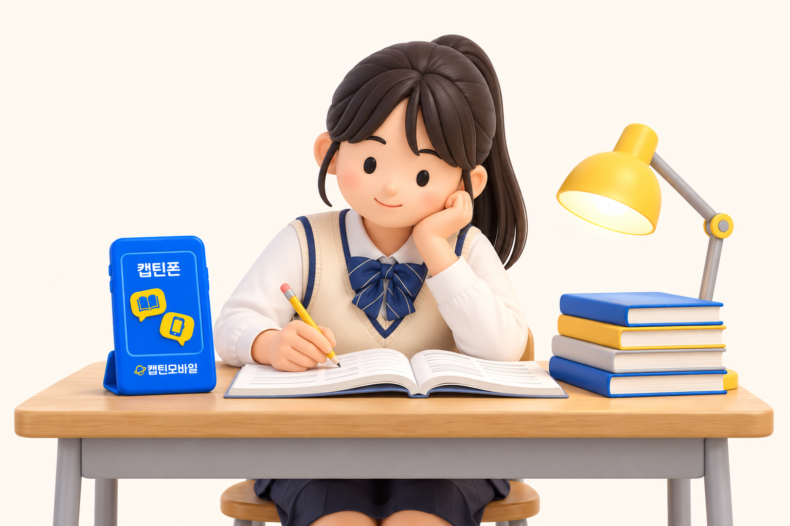 책상 위 캡틴폰과 함께 책을 펴고 공부하는 아이 일러스트